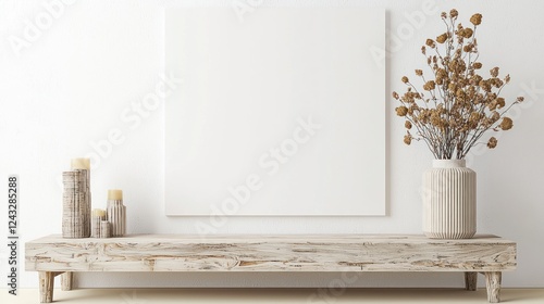 White Minimalist Interior Mockup with Wooden Shelf