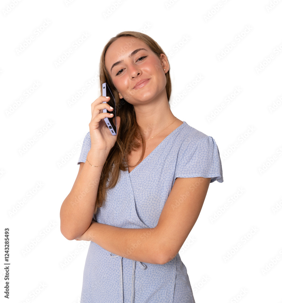 Portrait of a smiling casual woman holding smartphone over transparent background. PNG transparent. Portrait of a smiling casual woman holding smartphone over transparent background. PNG transparent.