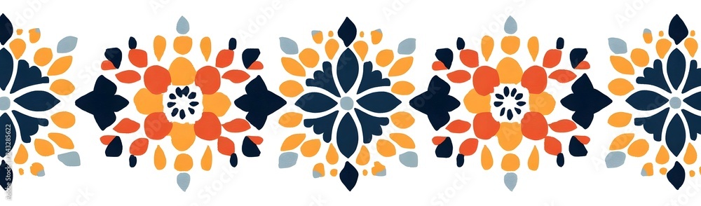 Fototapeta premium Colorful floral pattern design featuring vibrant shapes and intricate details, suitable for fabric or wallpaper