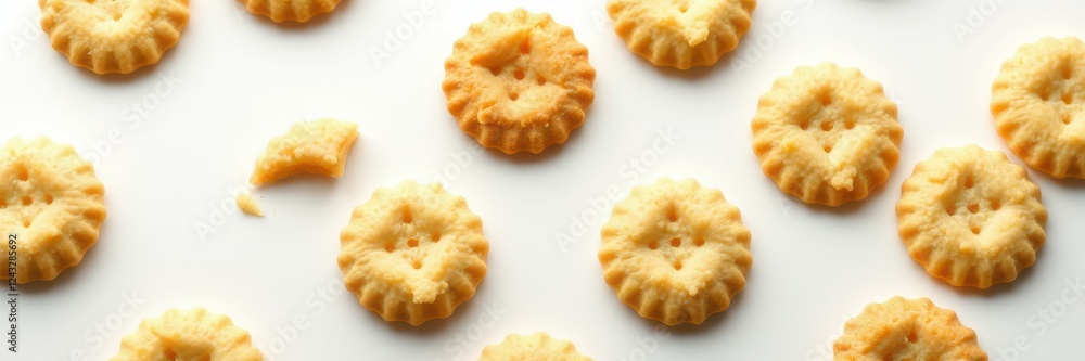 Crispy baked crackers arranged in a pattern on a white surface ready for snacking Crispy baked crackers arranged in a pattern on a white surface ready for snacking