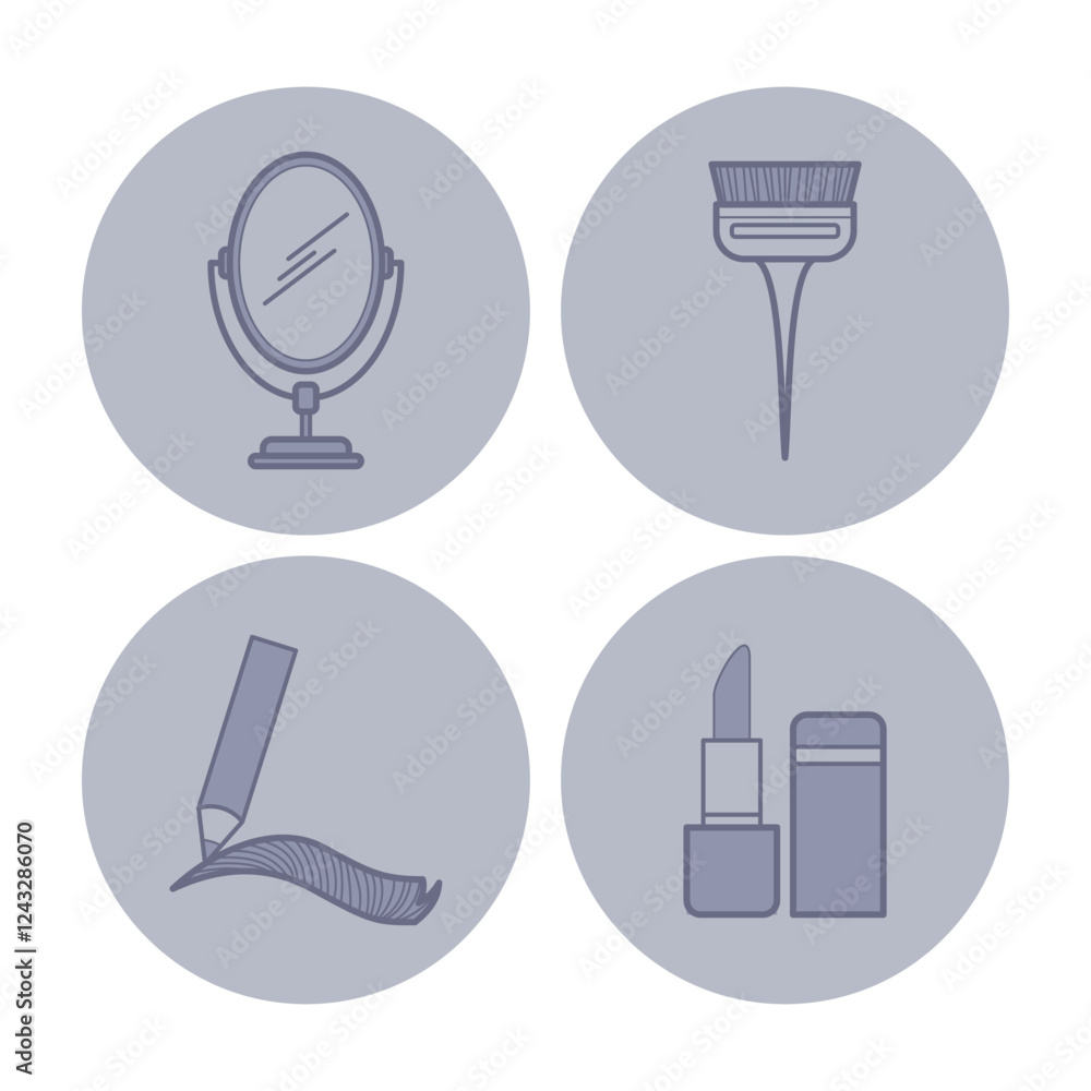 Line icons of essential beauty tools. Mirror, brush, pencil, and lipstick. Makeup concept Line icons of essential beauty tools. Mirror, brush, pencil, and lipstick. Makeup concept