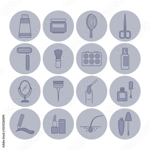 Various icons of beauty and grooming products in circular design. Scissors, brushes, and containers. Personal care essentials concept