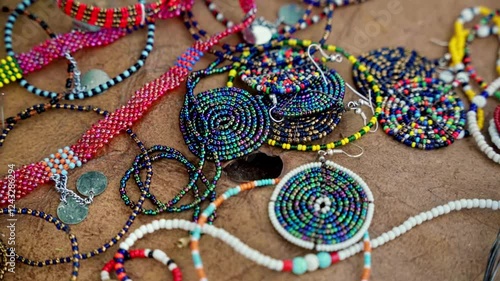Maasai jewelry on a textile surface ready to sell