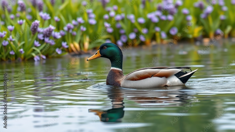 Colorful duck glides peacefully through calm waters surrounded by blooming flowers in a serene park setting Colorful duck glides peacefully through calm waters surrounded by blooming flowers in a serene park setting