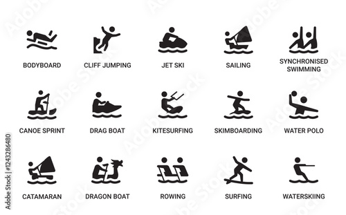 Water Sports Category Outline Pictogram Icons Set
