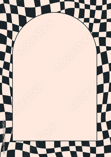 abstract psychedelic checkerboard pattern with arch frame. Groovy checkered Retro background. Trendy vector frame in abstract y2k style. Vector graphic for posters and art prints.