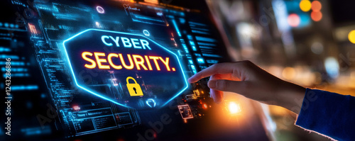 Cybersecurity Expert at Work: A hand interacts with a futuristic interface displaying the words 