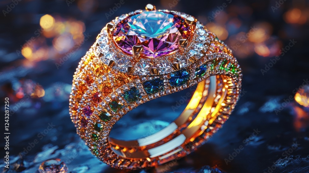 Fototapeta premium Multicolored gemstone ring with gold band, dazzling sparkle, dark background. Close up view, luxurious jewelry.