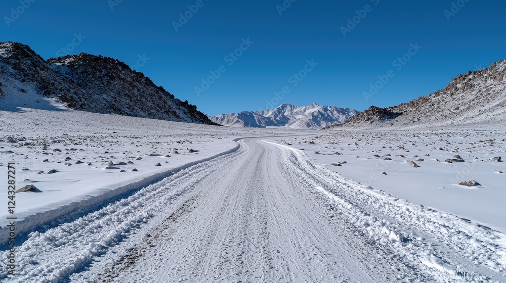 Obraz premium Snowy mountain road journey, winter landscape, clear sky, adventure travel