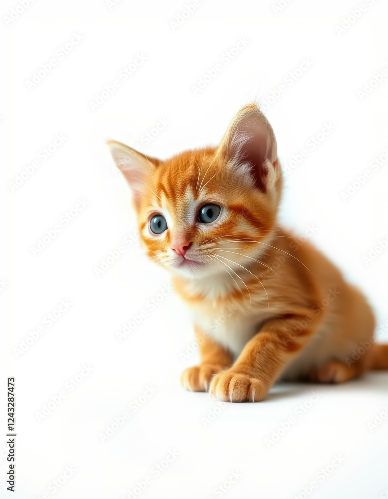 Cute orange kitten curiously exploring its surroundings on a white background during a bright indoor setting Cute orange kitten curiously exploring its surroundings on a white background during a bright indoor setting