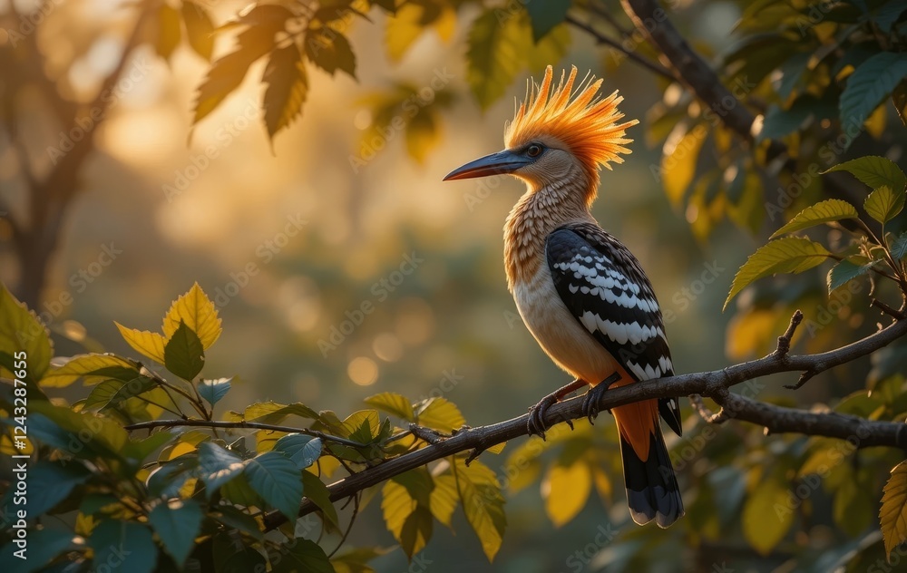 Obraz premium A close-up photo of an African Hoopoe bird sitting on a branch with a bright orange sunset in the background