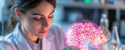 Close-up scientist studying AI model, neon holographic neural map, futuristic high-tech lab