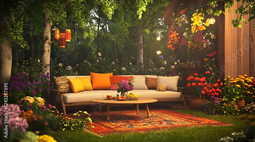 An outdoor coffee shop in the woods. Decorated with colorful flowers and trees. The interior has a Nordic style sofa and a coffee table shown in the center of the picture. The surrounding forest scene