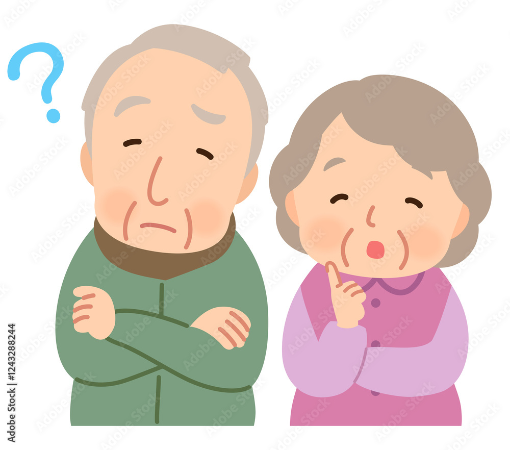 考える表情の老夫婦 悩む シニア 高齢者 後期高齢者 考える表情の老夫婦 悩む シニア 高齢者 後期高齢者