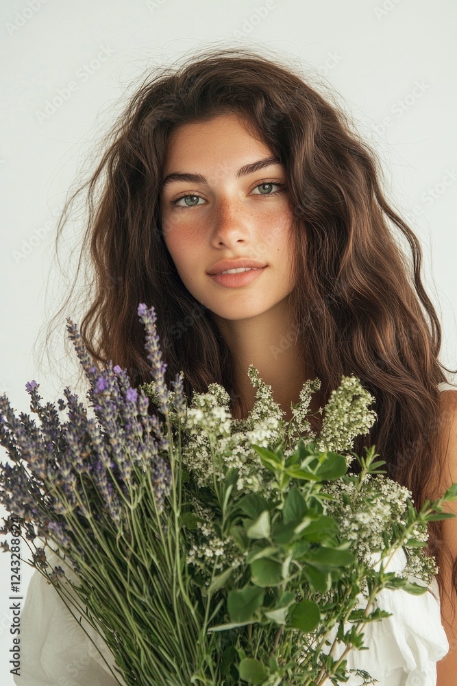 Young caucasian female with wavy hair holding lavender and greenery