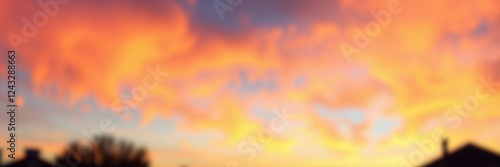 Vibrant sunset colors illuminating the sky above a quiet neighborhood at dusk photo