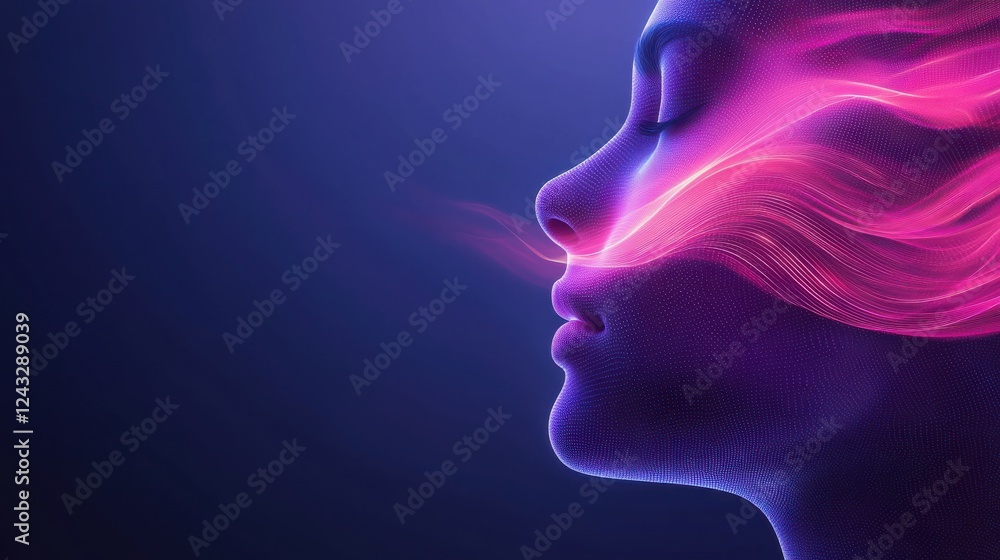 Abstract profile of a woman, depicted with vibrant purple and pink particles, set against a dark blue background. The particles seem to flow from her mouth, creating a dynamic and ethereal effect. Abstract profile of a woman, depicted with vibrant purple and pink particles, set against a dark blue background. The particles seem to flow from her mouth, creating a dynamic and ethereal effect.