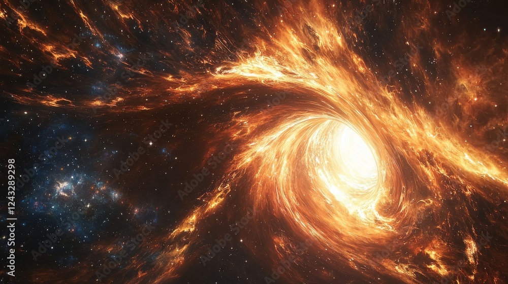 Obraz premium Fiery orange and yellow nebula swirls in deep space, stars scattered across dark background. Bright light at center of spiral galaxy. Cosmic artwork.