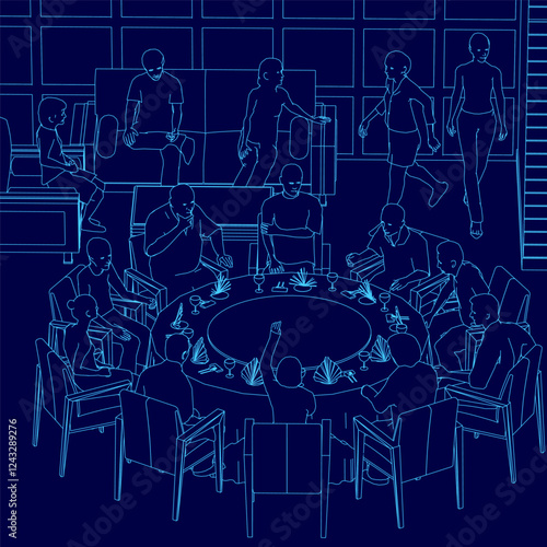 A group of people are sitting around a table with a blue background. The people are all dressed in business attire and are eating food. Scene is that of a formal dinner party or business meeting