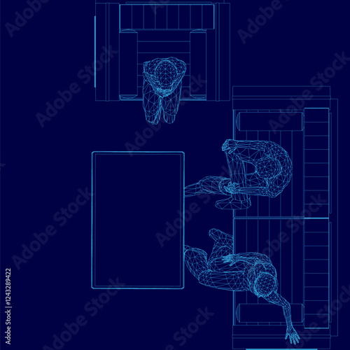 A blue image of three people sitting on a couch and a table. The image is a 3D rendering of a living room