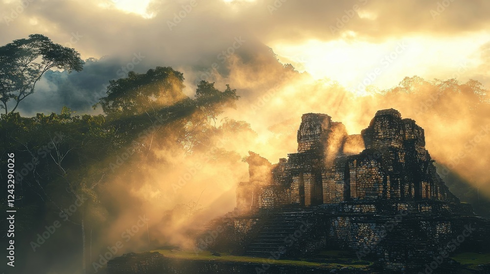 Fototapeta premium Ancient stone ruins emerge from morning mist at sunrise, bathed in golden light. Lush green jungle surrounds the mysterious structures.