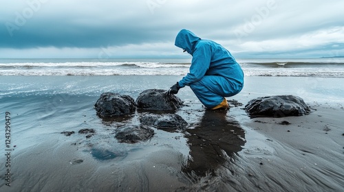 Environmental worker cleaning oil spill on rocky beach under cloudy sky photo