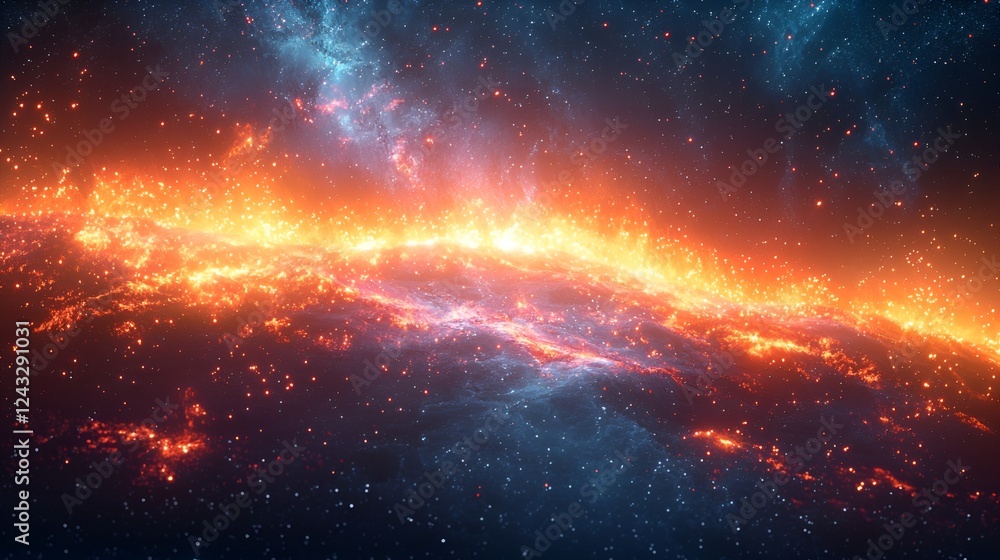 Fototapeta premium Fiery nebula cosmic landscape, interstellar dust, space background, science fiction