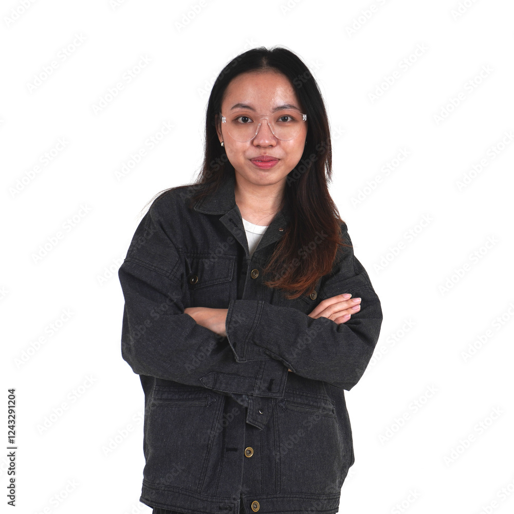 Asian young woman wearing clear transparent eye glasses, denim jacket, and black pants with arms folded isolated on square white background.