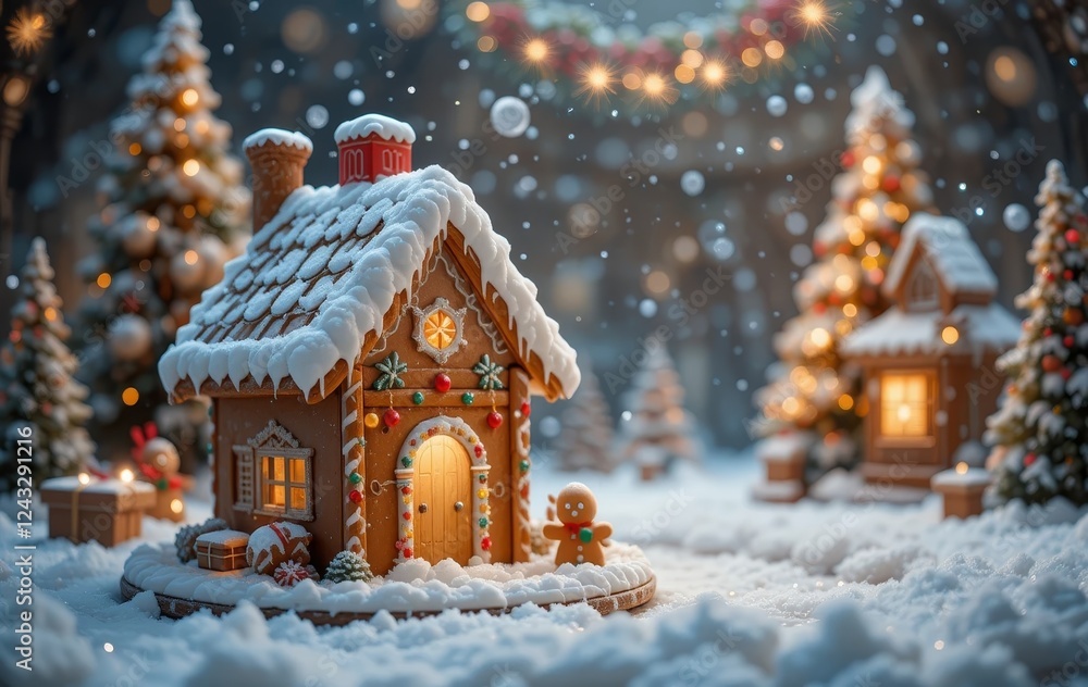 A close-up of a beautifully decorated gingerbread house with snow falling around it A close-up of a beautifully decorated gingerbread house with snow falling around it