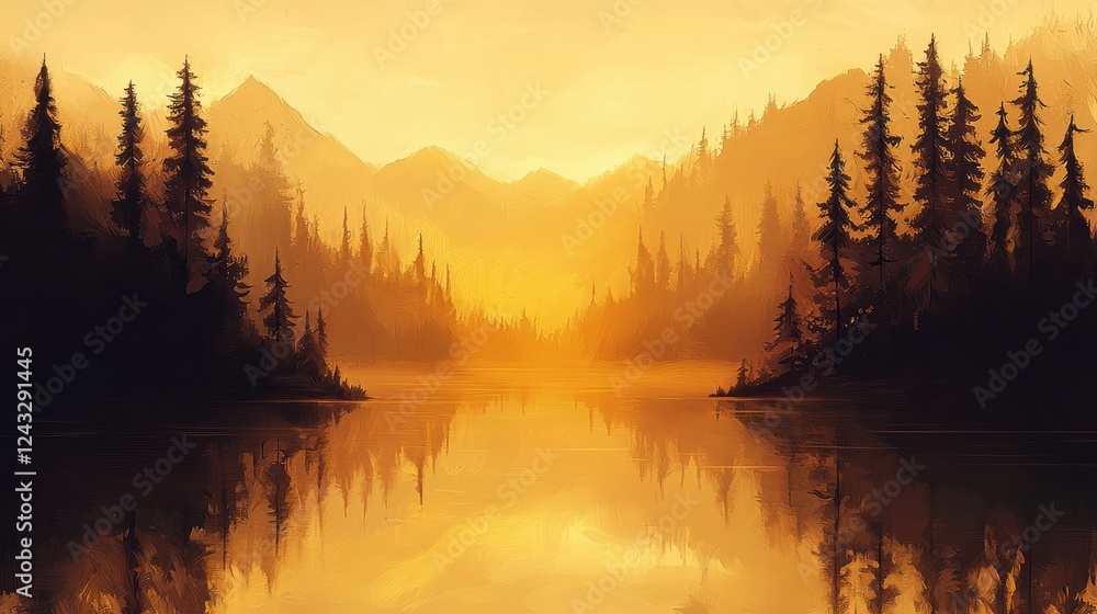 Golden hour sunset over a calm lake, surrounded by dark silhouetted evergreen trees and misty mountains. Warm, peaceful atmosphere. Golden hour sunset over a calm lake, surrounded by dark silhouetted evergreen trees and misty mountains. Warm, peaceful atmosphere.