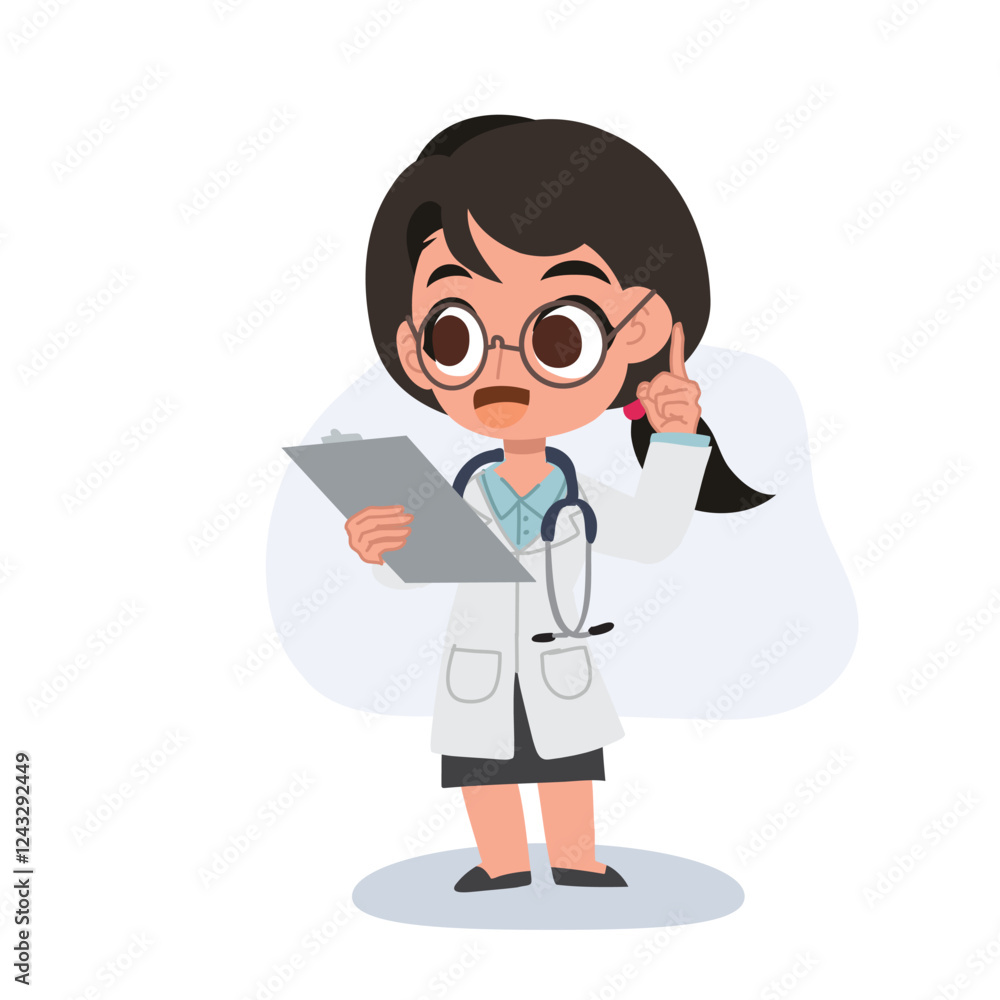 Adorable female physician doctor character holding a patient file Adorable female physician doctor character holding a patient file