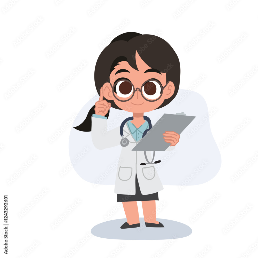 Adorable female physician doctor character holding a patient file Adorable female physician doctor character holding a patient file