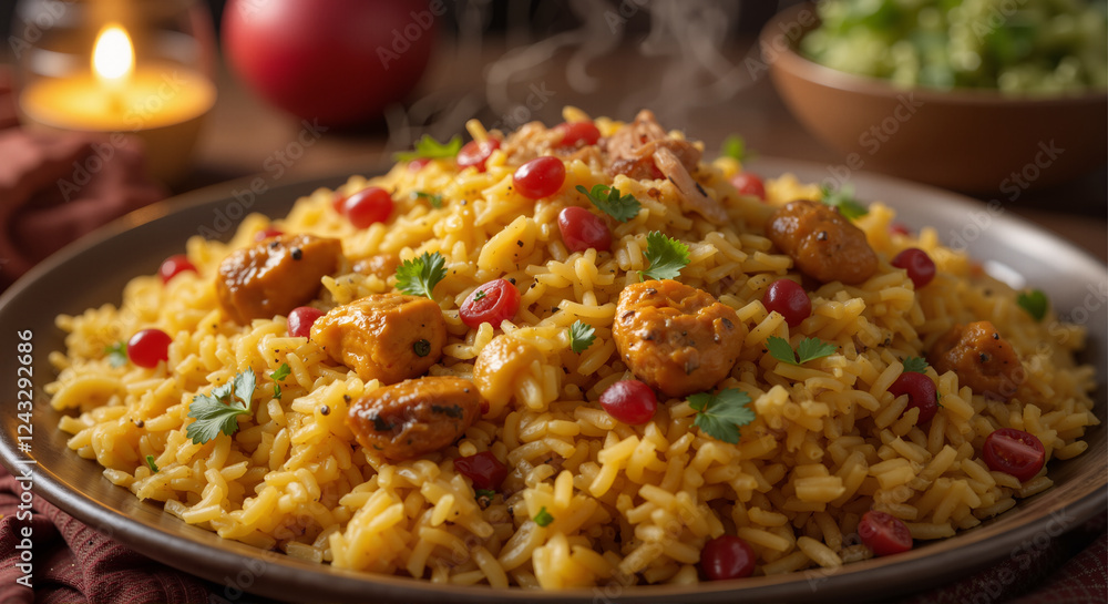 A vibrant plate of Biryani, showcasing layers of saffron-infused basmati rice, glistening with golden hues and flecks of green cilantro. A vibrant plate of Biryani, showcasing layers of saffron-infused basmati rice, glistening with golden hues and flecks of green cilantro.