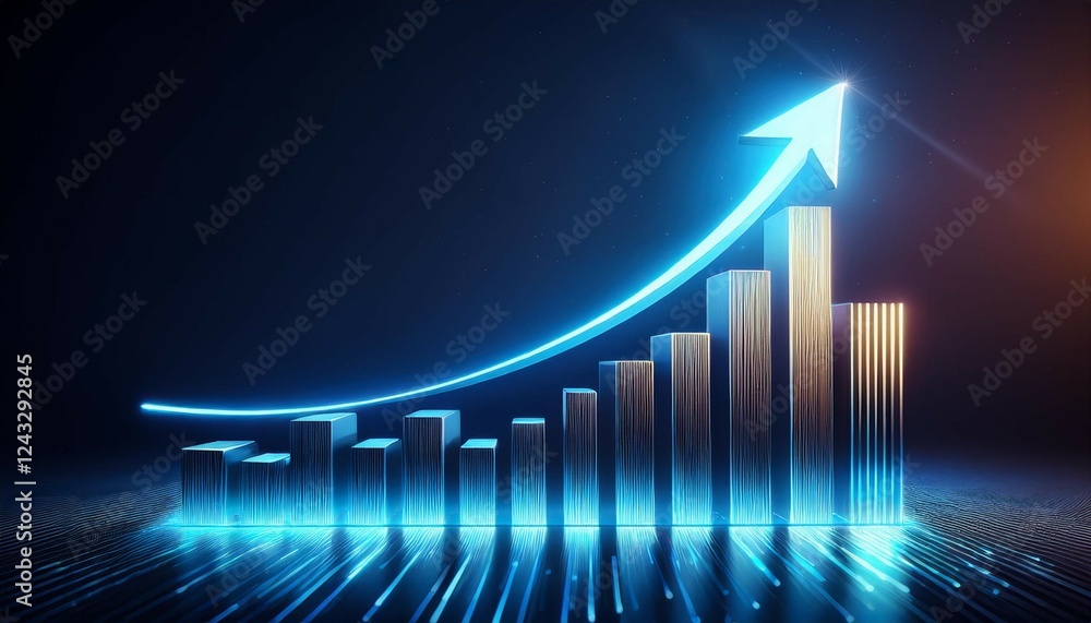glowing blue arrow pointing up and a bar graph rising on a dark background concept of growth trend rising to success glowing blue arrow pointing up and a bar graph rising on a dark background concept of growth trend rising to success