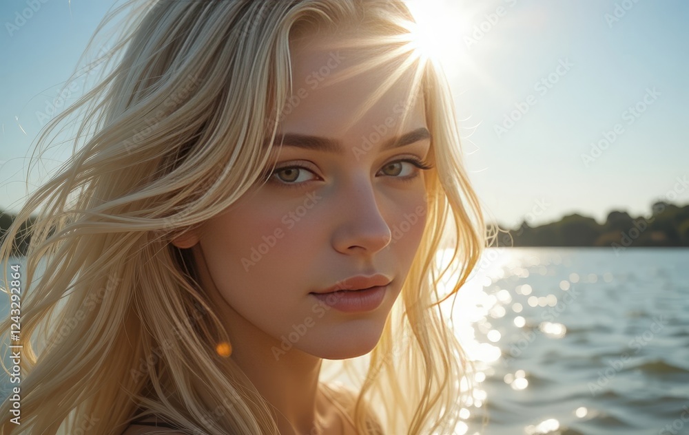 A young woman with long blonde hair smiling into the sunset, with a lake and sunlight reflecting on the water in the background. A young woman with long blonde hair smiling into the sunset, with a lake and sunlight reflecting on the water in the background.