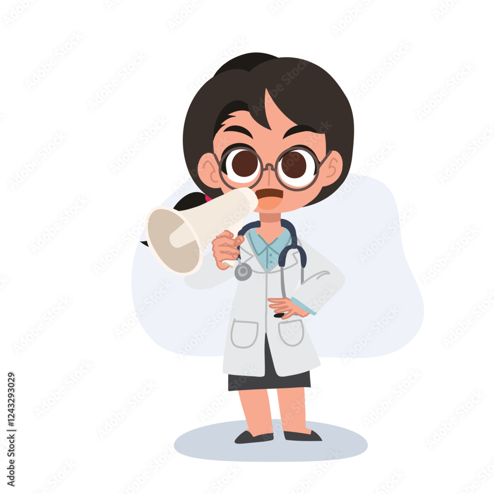 cute female doctor cartoon with megaphone making announcement in hospital cute female doctor cartoon with megaphone making announcement in hospital