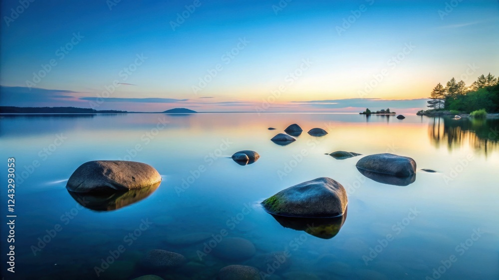 Serene Sunset Waterscape Smooth Stones Resting on a Calm Lake at Twilight