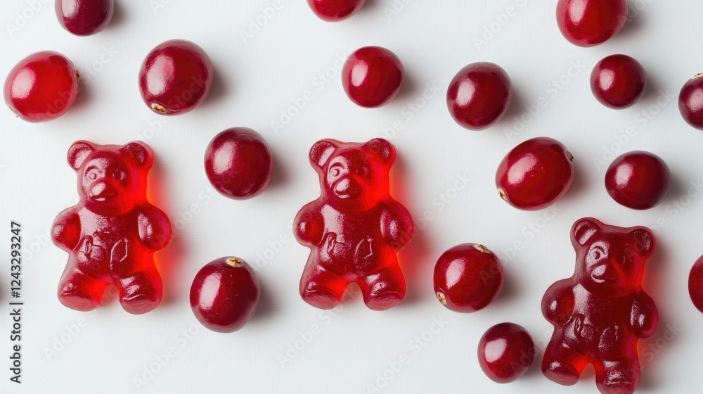 Red gummy bears and fresh cranberries on white background. Natural food dyes Red gummy bears and fresh cranberries on white background. Natural food dyes