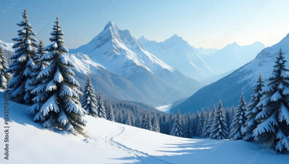 Evergreen trees in mountainous terrain with snow, frozen, mountain, frosty Evergreen trees in mountainous terrain with snow, frozen, mountain, frosty