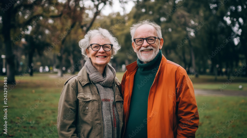 Elderly couple smiling in autumn park. Elderly couple smiling in autumn park.