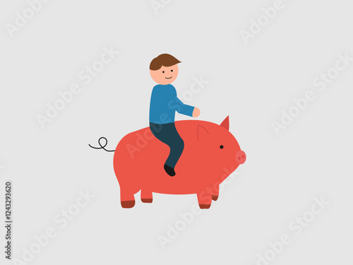 A vector illustration depicts a man riding a pig