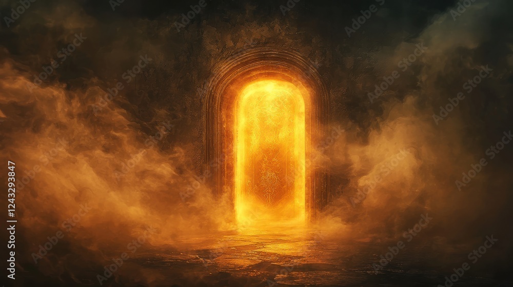 Obraz premium Glowing orange portal in a dark, smoky environment. Mysterious and mystical atmosphere. Dark fantasy art.