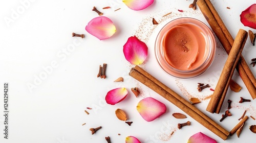 Aromatic beauty: cinnamon sticks, cloves, rose petals, and cream jar on white background. Natural colorants, natural dyes, color additives photo