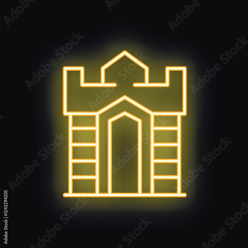 Glowing neon line icon of a fortress with battlements on a black background