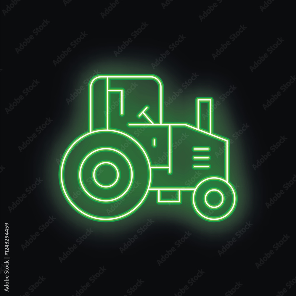 Green neon light icon of a tractor working in a field at night Green neon light icon of a tractor working in a field at night