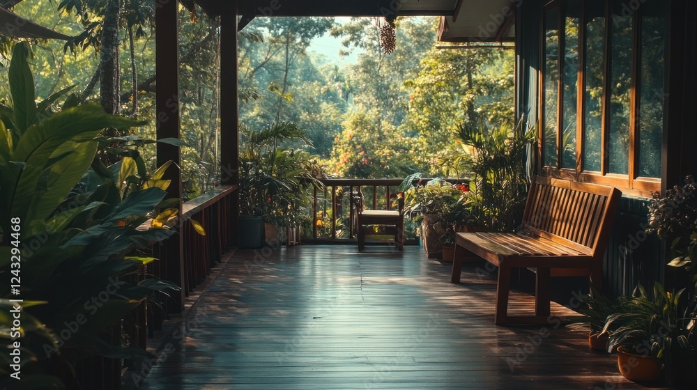 Fototapeta premium Tranquil wooden porch overlooking lush green rainforest. Sunlight streams through the veranda. Comfortable outdoor seating with potted plants.