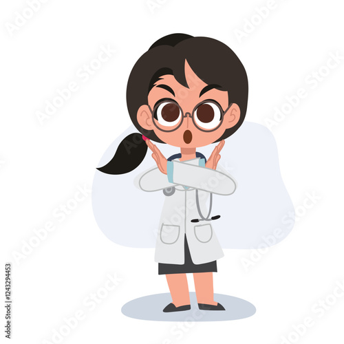 Adorable female doctor cartoon illustration with a warning gesture for healthcare and medical themes