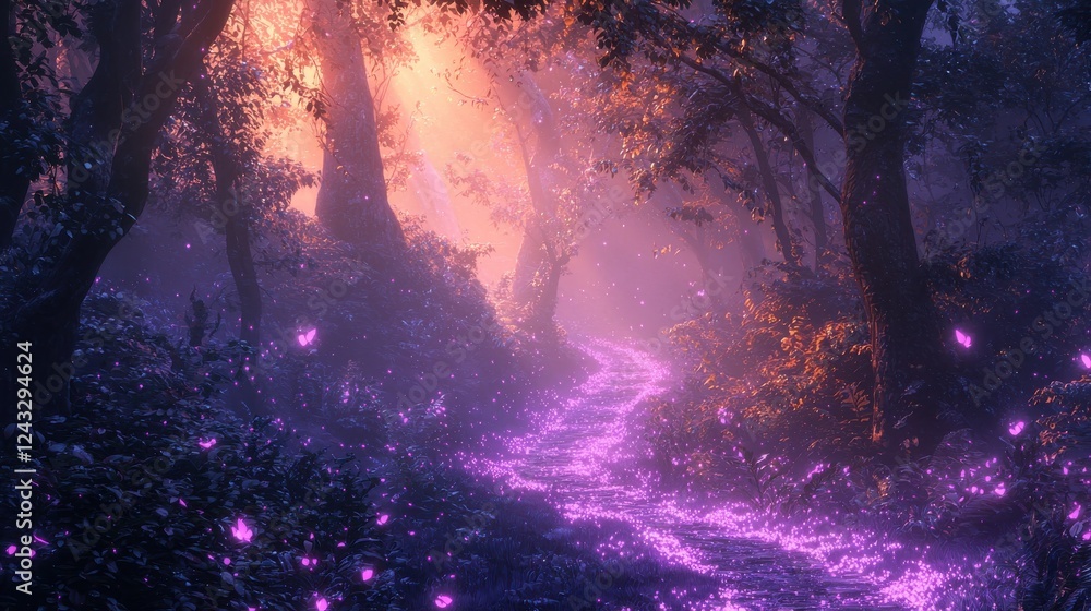 Magical forest path at twilight, glowing with purple and orange light. Glimmering particles float along the stream. Dark trees frame the scene. Magical forest path at twilight, glowing with purple and orange light. Glimmering particles float along the stream. Dark trees frame the scene.