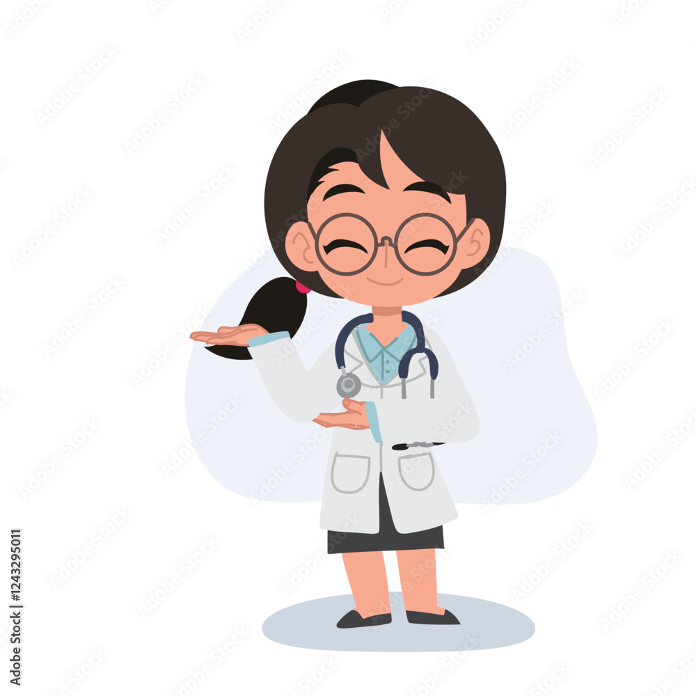 Cute female doctor cartoon welcoming with hand gesture in medical uniform, Cute female doctor cartoon welcoming with hand gesture in medical uniform,