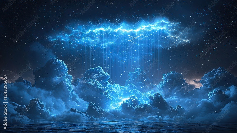Celestial Night: A Dreamlike Digital Art of Blue Clouds, Stars, and Water Reflection Celestial Night: A Dreamlike Digital Art of Blue Clouds, Stars, and Water Reflection